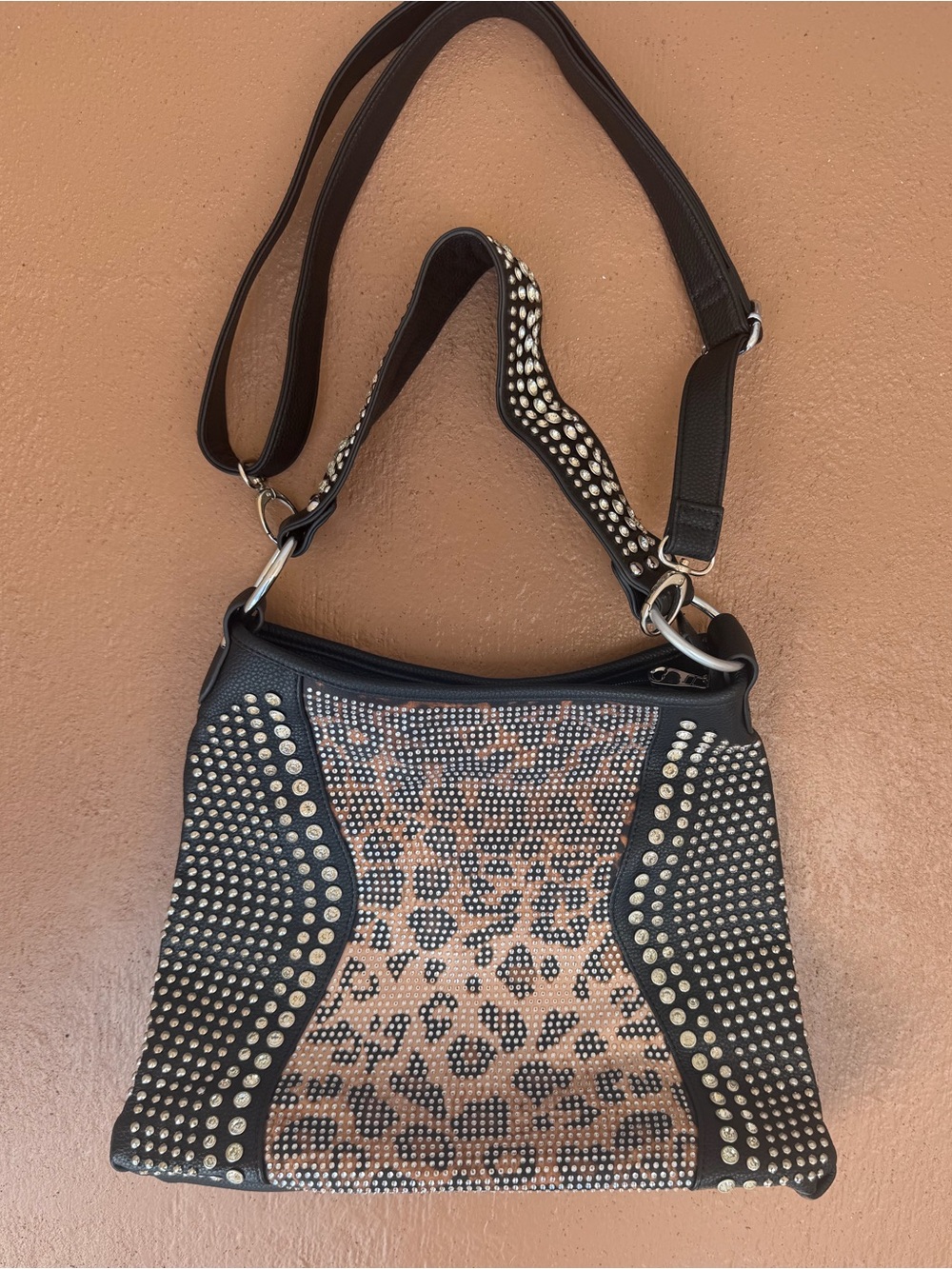 Studded Leopard Print Black Leather Bag